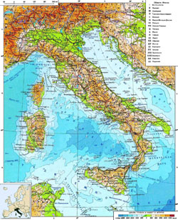 Подробная физическая карта Италии на русском языке.