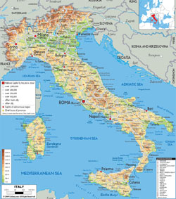 Детальная физическая карта Италии с городами, дорогами и аэропортами.