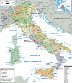 Детальная политико-административная карта Италии с городами, дорогами и аэропортами.