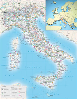 Подробная рельефная и политико-административная карта Италии с городами, дорогами и аэропортами.