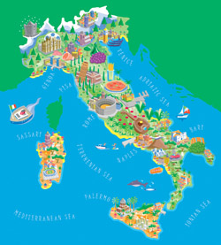 Иллюстрированная туристическая карта Италии.