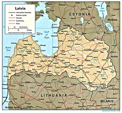 Политическая карта Латвии с рельефом.