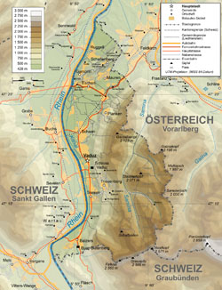 Физическая карта Лихтенштейна.