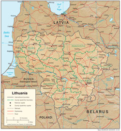 Детальная политическая и административная карта Литвы с рельефом, дорогами и городами.