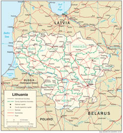 Детальная политико-административная карта Литвы с дорогами и городами.