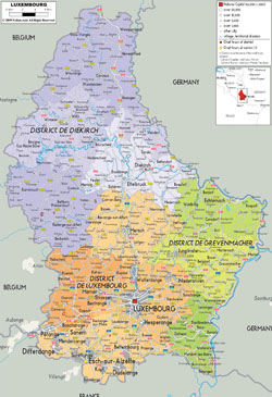 Подробная политическая и административная карта Люксембурга с дорогами, городами и аэропортами.