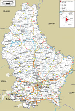 Детальная карта автомобильных дорог Люксембурга с городами и аэропортами.