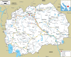 Подробная карта автомобильных дорог Македонии с городами и аэропортами.
