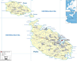 Подробная политическая карта Мальты с дорогами, городами и аэропортами.