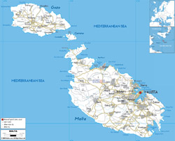 Подробная карта автомобильных дорог Мальты с городами и аэропортами.