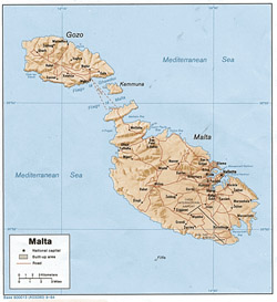 Политическая карта Мальты с рельефом, дорогами и городами.