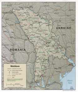Политическая и административная карта Молдовы с рельефом, дорогами и городами.
