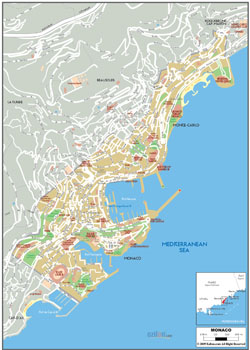 Подробная карта автомобильных дорог Монако со зданиями.