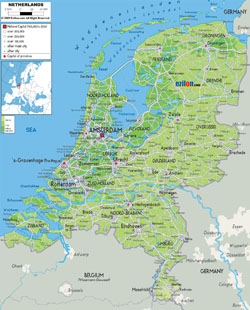Подробная физическая карта Голландии с дорогами, городами и аэропортами.