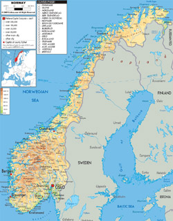Подробная физическая карта Норвегии со всеми дорогами, городами и аэропортами.