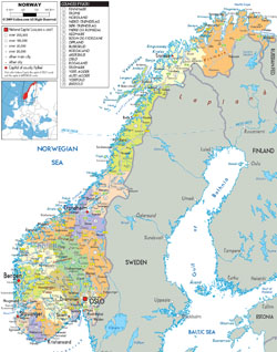 Подробная политическая и административная карта Норвегии со всеми дорогами, городами и аэропортами.