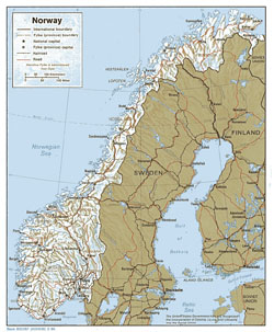 Политико-административная карта Норвегии с рельефом.