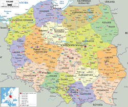 Подробная политическая и административная карта Польши со всеми городами, дорогами и аэропортами.