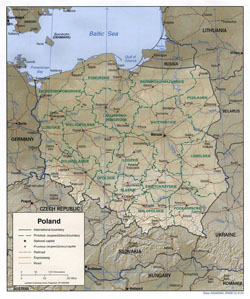 Детальная политическая и административная карта Польши с рельефом, дорогами и городами.