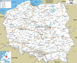 Подробная карта автомобильных дорог Польши со всеми городами и аэропортами.