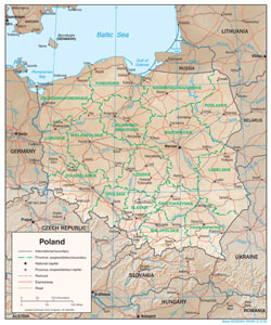 Большая политико-административная карта Польши с рельефом, дорогами и городами.
