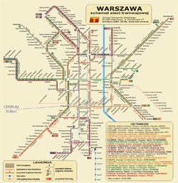Подробная карта трамвайных маршрутов Варшавы.