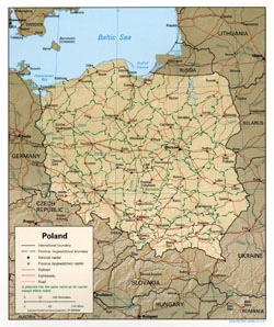 Политическая и административная карта Польши с рельефом, дорогами и городами.