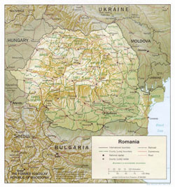 Политическая и административная карта Румынии с рельефом, дорогами и городами.