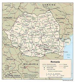 Политико-административная карта Румынии с дорогами и городами.