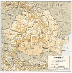 Политическая карта Румынии с рельефом, дорогами и городами.