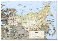 Подробная политическая карта России с рельефом.