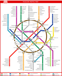 Подробная карта-схема линий метро Москвы на английском языке.