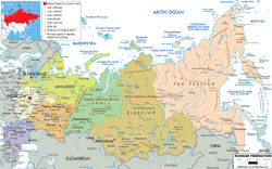 Политико-административная карта России со всеми дорогами, городами и аэропортами.