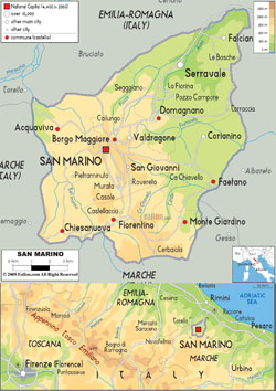 Детальная физическая карта Сан-Марино со всеми дорогами и городами.