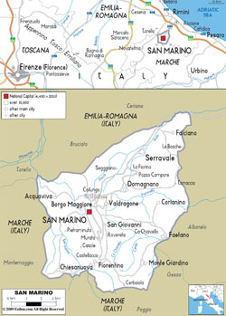Подробная карта автомобильных дорог Сан-Марино со всеми городами.