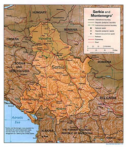 Политико-административная карта Сербии и Черногории с рельефом, дорогами и городами.