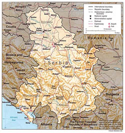 Политическая и административная карта Сербии и Черногории с рельефом.