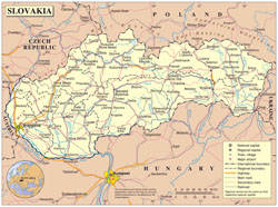 Большая политико-административная карта Словакии со всеми дорогами, городами и аэропортами.