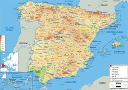 Подробная физическая карта Испании со всеми дорогами, городами и аэропортами.