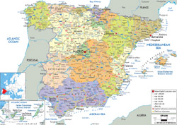 Подробная политическая и административная карта Испании со всеми дорогами, городами и аэропортами.