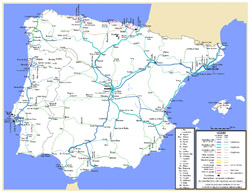 Детальная карта железной дороги Испании и Португалии.
