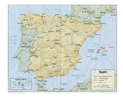 Политическая карта Испании с рельефом, дорогами и городами.