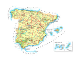 Карта автомобильных дорог Испании с городами и аэропортами.