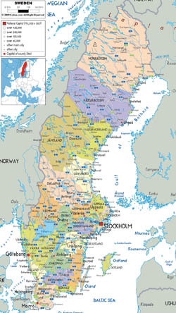 Подробная политическая и административная карта Швеции со всеми дорогами, городами и аэропортами.