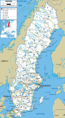 Подробная карта автомобильных дорог Швеции со всеми городами и аэропортами.