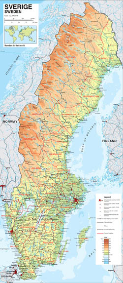 Большая детальная физическая карта Швеции со всеми дорогами и городами.