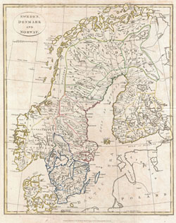 Старая карта Швеции, Дании и Норвегии 1799 года.