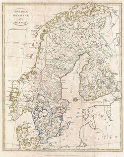 Старая карта Швеции, Дании и Норвегии 1799 года.