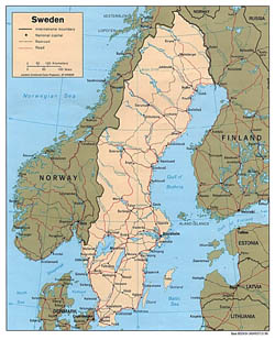 Политическая карта Швеции с дорогами и городами.