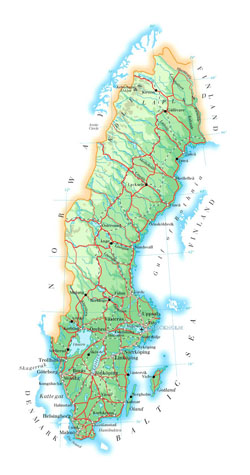 Карта автомобильных дорог Швеции с городами и аэропортами.